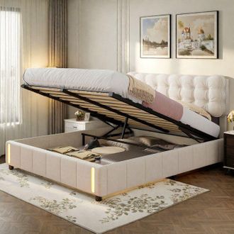 OEM Cama 140x190 Cm - Cama Doble 140x190 Cm - Led Y Almacenamiento Hidr&aacute;ulico - Estructura De Cama Con Arc&oacute;n 140x190 Cm - Tejido De Terciopelo - Beige
