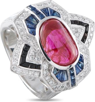 Luxury Bazaar 18K White Gold 0.88ct Diamond, Ruby and Sapphire Geometric Cocktail Ring MF02-062426