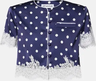 Self Portrait Lace-trimmed polka-dot satin crop top