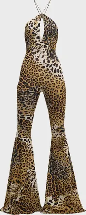 Roberto Cavalli Leopard-Print Halter Flared Jumpsuit
