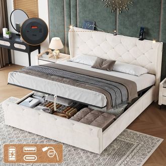 Matteo Double Upholstered Hydraulic Storage Bed Frame with Charging Station in Beige