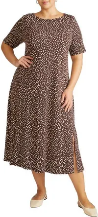 Universal Standard Serena Short Sleeve Jersey Midi Dress in Brown/White Dot at Nordstrom, Size Xs