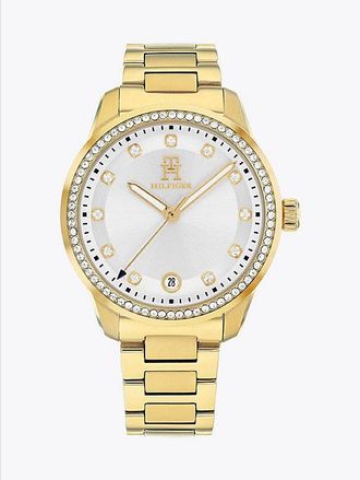 Tommy Hilfiger Reloj chapado en oro con dise&ntilde;o de cristales