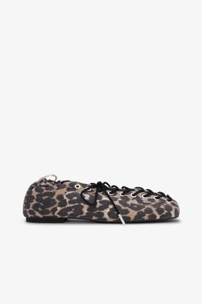 Ganni Mixed Lace-Up Ballerinas in Leopard Printed Denim - Size 35 Cotton