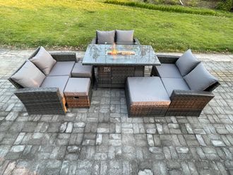 Fimous High Back Rattan Garden Furniture Sofa Sets with Outdoor Furniture Gas Firepit Dining Table Set 3 Footstools in Dark Grey
