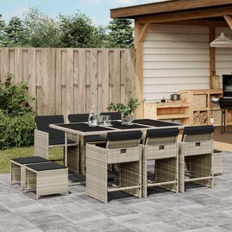 vidaXL Set De Comedor De Jard&iacute;n 11 Pzas Y Cojines Rat&aacute;n Sint&eacute;tico Gris Vidaxl