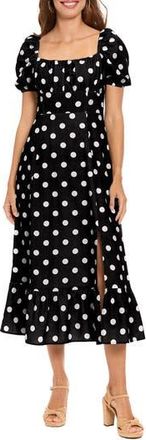 London Times Puff Sleeve Linen Blend Midi Dress in Black/Cream at Nordstrom Rack, Size 12