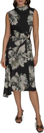 DKNY Floral Side Ruched Asymmetric Hem Dress in Black Multi at Nordstrom, Size X-Large