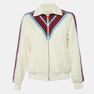 Maje White Jersey Striped Trim Manela Zip Up Jacket