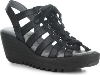FLY London Litu Strappy Platform Wedge Sandal in Black at Nordstrom, Size 10-10.5Us