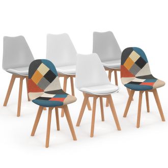 IDMarket Set Di 6 Sedie Sara In Mix Cromatico Bianco X2, Grigio Chiaro X2 E Patchwork Multicolore
