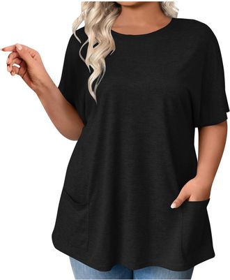 Generic Short Sleeve Tops For Women Uk Lightweight Loose Fit Dressy Blouses With Pockets Solid Color Fashion Crew Neck Oversized Tees Elegant Floaty Summer Sh