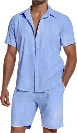 Generic Mens Linen Shirt And Shorts Set, Mens Cotton Linen Shirts Mens Summer Shirts Beach Shirt Casual Shirts Solid Color Shirt Shorts Button Up Blouses 2 Pi