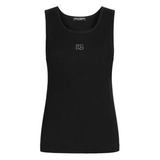 Dolce & Gabbana Sleeveless Tops, female, Black, Size: XS Ribbed Tank Top with DG Embroidery and Rhinestones