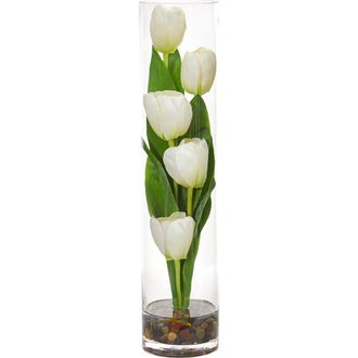 Nearly Natural Tulips Artificial Arrangement in Cylinder Vase in White at Nordstrom