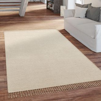 Paco Home Paco Home Alfombra Sal&oacute;n Pelo Corto Con Flecos Hecha A Mano Motivo Monocolor Beige, 120x160 Cm