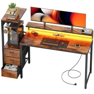 OEM Mesa De Juego Ecofurnix Bureau Con Led De 152 Cm - Mesa De Ordenador Con Soporte Para Pantalla, Estante De Almacenamiento Y Caj&oacute;n De Tela - Marr&oacute;n