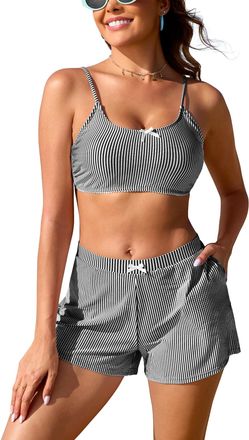SHEKINI Women Two Piece Bikini Set with Pockets High Wasited Swimwear Shorts Bow Ties Striped Bathing Suit Cute Swimsuit, Black, Medium