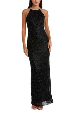 Mac Duggal Beaded Sleeveless High Neck Column Gown in Black at Nordstrom, Size 14