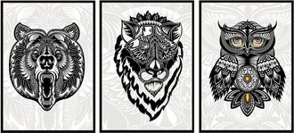 OEM Cuadros Enmarcados 53x73cm Tr&iacute;ptico Conjunto De 3 Cuadros Animales Tribales B&b P693