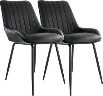 Elama 2 Piece Faux Leather Tufted Chair in Black with Black Metal Legs