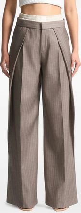 Mani&egrave;re De Voir Sofia broek met satijnen tailleband en krijtstreep - Bruin