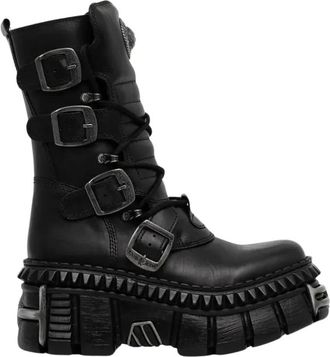 New Rock Enkellaarsjes - Dames - Veterlaarzen - Zwart - 39 EU - Leer - Schoenen