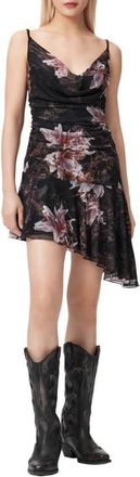 AllSaints Bea Asymmetric Hem Mesh Minidress in Crystal Black at Nordstrom, Size 12 Us