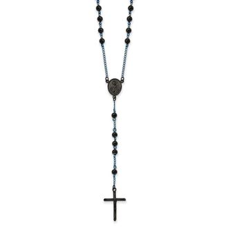 Diamond2Deal Stainless Steel Polished Black and Blue IP-plated Rosary Cross Necklace 30
