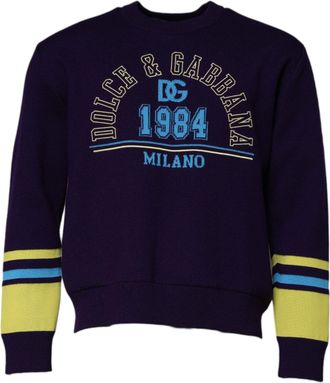 Dolce & Gabbana Mens Blue 1984 Milano Crewneck Sweatshirt Sweater Virgin Wool Polyester Clothing