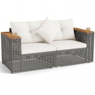 Costway Costway 2PCS Patio Corner Sofa Set Garden Sectional Wicker Loveseat w/Cushions in Off-White