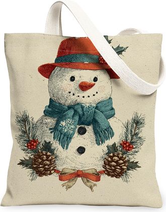 Generic Vintage Snow Man Canvas Tote Bags, Festive Holiday Design Reusable Grocery Bags, Lightweight Washable Shoulder Strap Canvas for Travel Shopping 13x15 