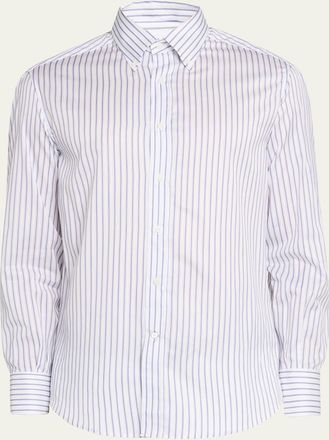 Brunello Cucinelli Mens Stripe Cotton Slim-Fit Button-Down Shirt
