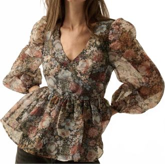 Promesa Floral Print Organza Puff-Sleeve Peplum Top In Multi