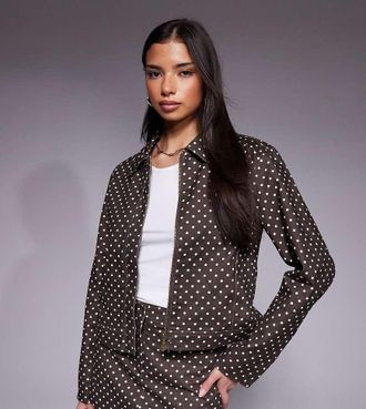 the frolic Esclusiva The Frolic - Giacca corta in denim di cotone color cioccolato a pois con colletto in coordinato-Marrone