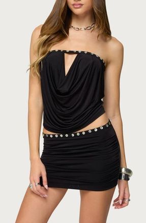 Edikted Giana Iridescent Button Keyhole Strapless Top in Black at Nordstrom, Size X-Small