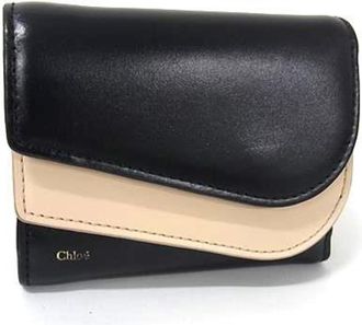 Chlo&eacute; Beige Black Leather Wallet (Tri-Fold) (Pre-Owned)