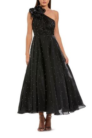Mac Duggal Pearl Beaded Organza One Shoulder Midi Dress in Black Ivory at Nordstrom, Size 16