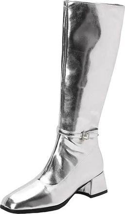 Generic Womens Fashion Knee High Boots Round Toe Medium Chunky Heel With Side Zipper And Metal Trims For Dating Shoes