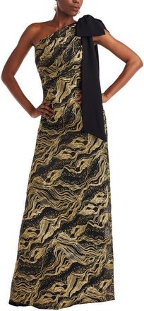 Tadashi Shoji Metallic Jacquard One-Shoulder Gown in Gold/black at Nordstrom, Size 12