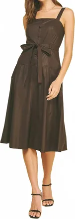 Pinch Design Faux Leather Button Detailed Midi Dress In Chocolate