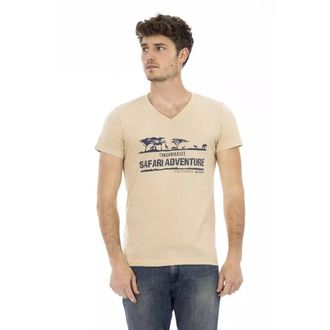 Trussardi T-Shirts, male, Beige, 2XL, Beige V-Neck T-Shirt with Elegant Frontprint