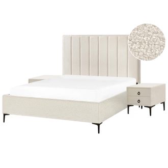 Beliani Conjunto De Dormitorio Cama 160 X 200 Cm Y 2 Mesitas De Noche Boucl&eacute; Blanco Crema Sezanne