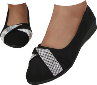 Generic Womens Lightweight Fashion Rhinestone Wedge Shoes, Comfortable Arch Support Wedge Slip-On Shoes Round Toe Low Heel Pump (Black,7.5)