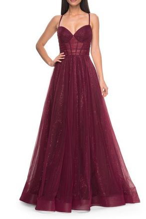 La Femme A-Line Prom Dress with Sequin Lining and Illusion Top in Dark Berry at Nordstrom, Size 00