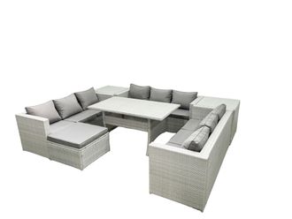 Fimous Rattan Garden Outdoor Furniture Set 10 Seater Garden Sofa Rectangulr Dining Table Set with Big Footstool 2 Side Tables Light Grey Mixed