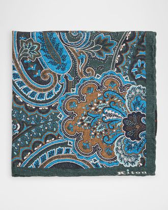 Kiton Mens Silk Large Paisley Pocket Square
