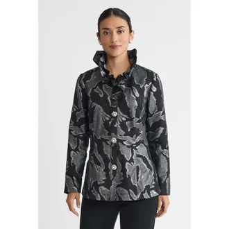 Ming Wang Tailored Shimmer Ruffle Neck Woven Jacquard Jacket in Black/silver at Nordstrom, Size Xx-Small