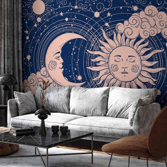 OEM Murale Da Parete - Armonia Cosmica - Illustrazione Del Sole E Della Luna Su Sfondo Blu Navy / Notte E Giorno - Elegante Motivo Del Sole E Della Luna S