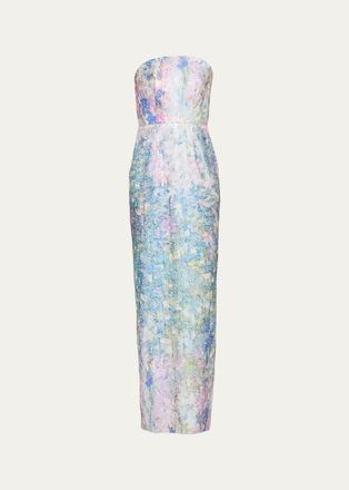 Pamella Roland Strapless Printed Sequin Column Gown
